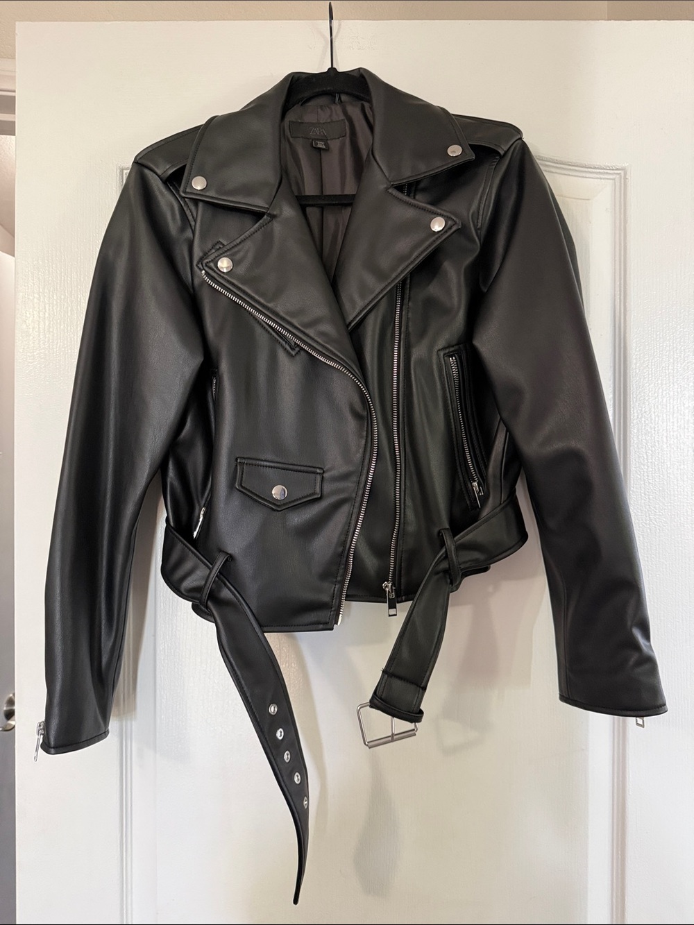 WOMENS Zara Black Faux Leather Moto Jacket with Belt Detail